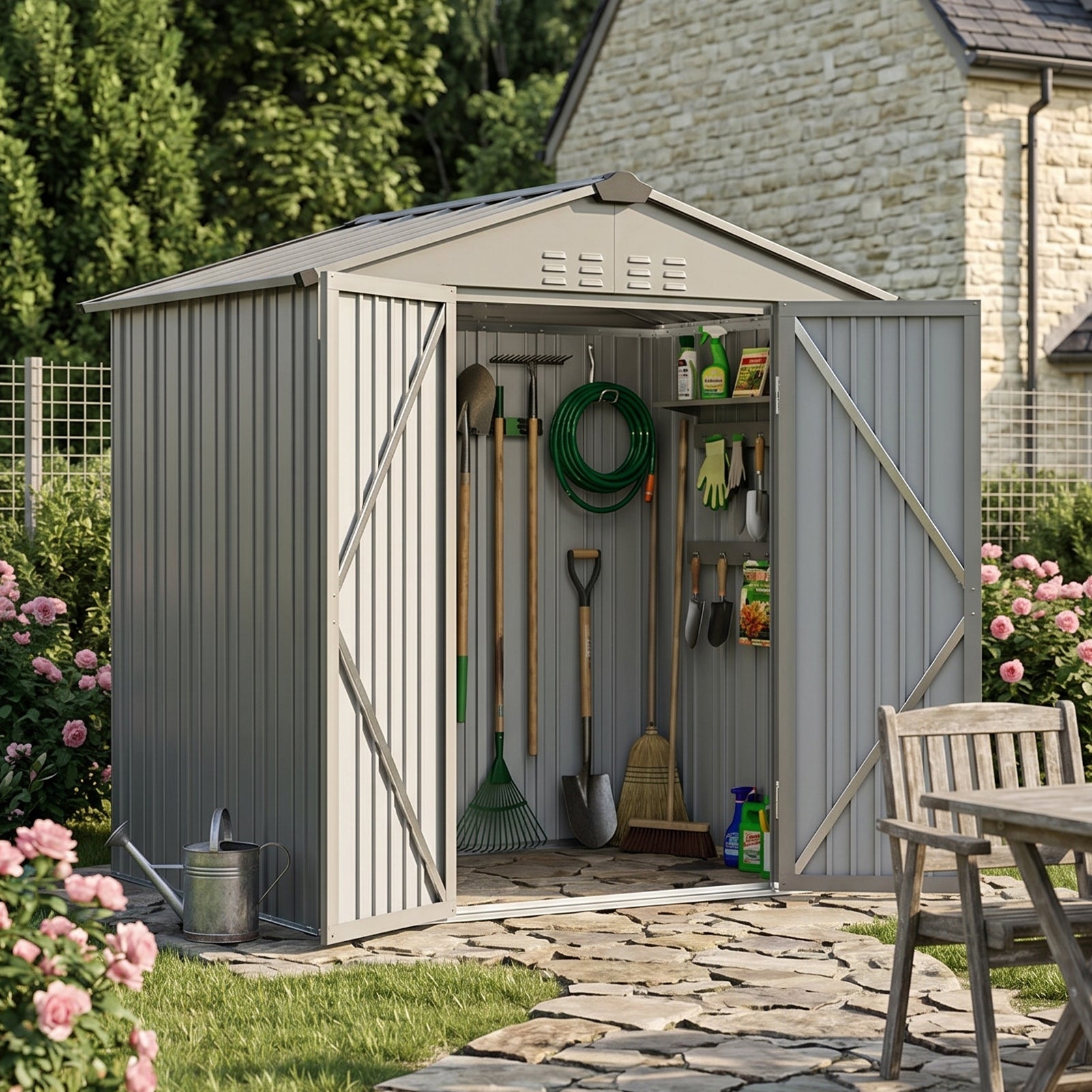 4x6FT Lockable Metal Garden Storage Shed with Lockable Door